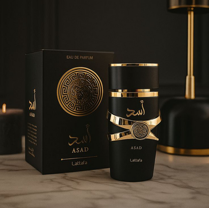 Lattafa Asad Eau de Parfum 100 ml bottle – long lasting Arabic perfume for men with amber and vanilla notes